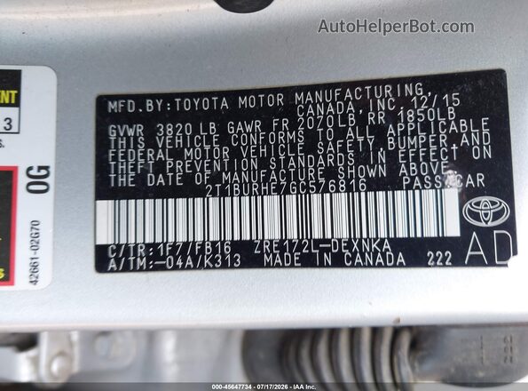 2T1BURHE7GC576816 2016 TOYOTA COROLLA Silver Widok komory silnika