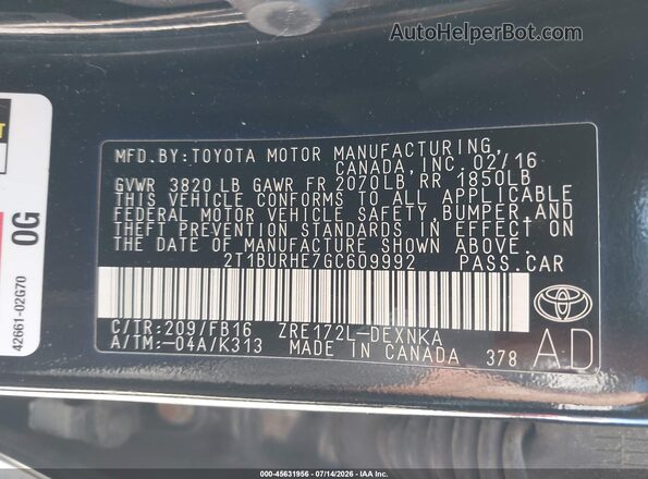 2T1BURHE7GC609992 2016 TOYOTA COROLLA Black ძრავის განყოფილების ხედი