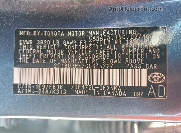 2T1BURHE7GC615727 2016 TOYOTA COROLLA Blue VIN კოდის სტიკერის ხედი