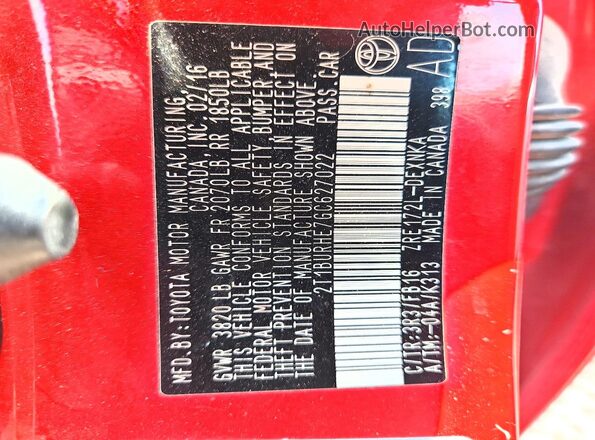 2T1BURHE7GC627022 2016 TOYOTA COROLLA Red Widok naklejki z numerem VIN