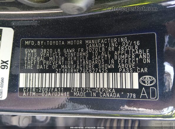 2T1BURHE7GC627425 2016 TOYOTA COROLLA Черный Вид подкапотного пространства