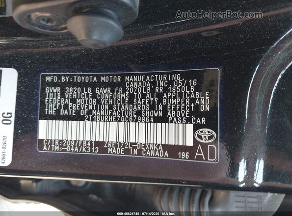 2T1BURHE7GC679864 2016 TOYOTA COROLLA Black Vista del compartimento del motor