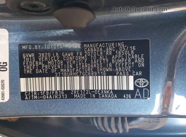 2T1BURHE7GC689116 2016 TOYOTA COROLLA Gray Engine compartment view