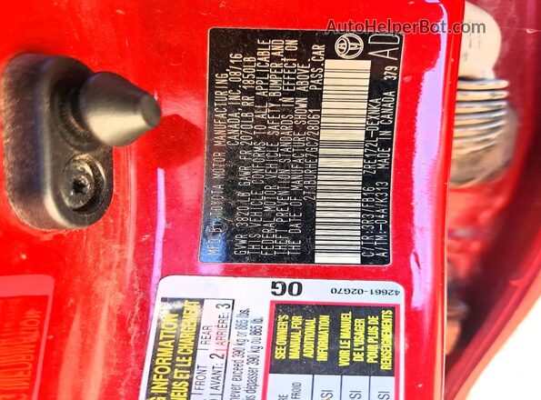 2T1BURHE7GC728061 2016 TOYOTA COROLLA Red VIN կոդի պիտակի տեսք