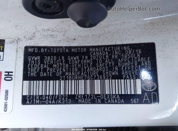 2T1BURHE7GC736922 2016 TOYOTA COROLLA White ძრავის განყოფილების ხედი