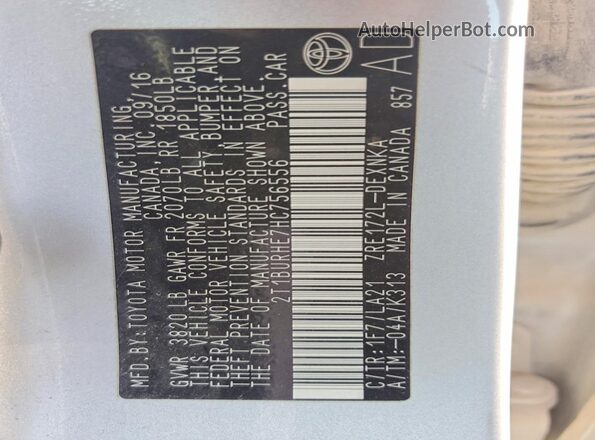 2T1BURHE7HC756556 2017 TOYOTA COROLLA Серебряный Вид подкапотного пространства