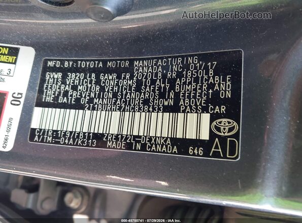 2T1BURHE7HC838433 2017 TOYOTA COROLLA Gray Widok komory silnika
