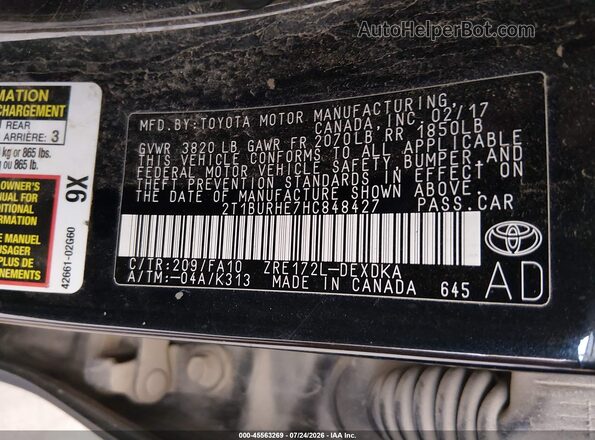 2T1BURHE7HC848427 2017 TOYOTA COROLLA Black Vista del compartimento del motor