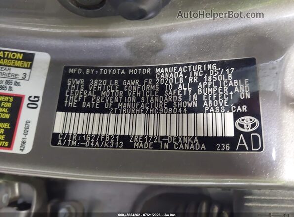 2T1BURHE7HC908044 2017 TOYOTA COROLLA Gray ძრავის განყოფილების ხედი