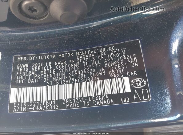 2T1BURHE7HC908304 2017 TOYOTA COROLLA Black Vista del compartimento del motor