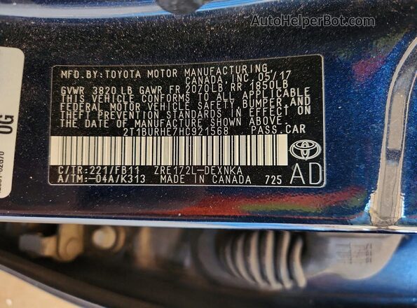 2T1BURHE7HC921568 2017 TOYOTA COROLLA Black Вид підкапотного простору