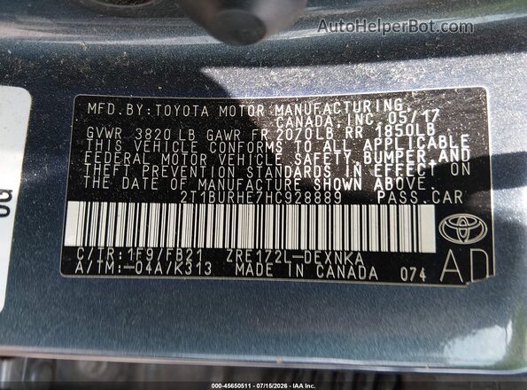 2T1BURHE7HC928889 2017 TOYOTA COROLLA Blue Вид підкапотного простору