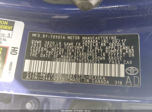 2T1BURHE7HC939021 2017 TOYOTA COROLLA Blue Vista del compartimento del motor