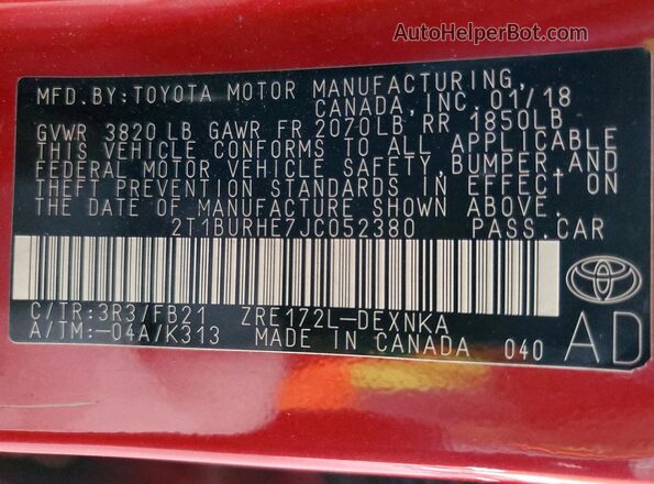 2T1BURHE7JC052380 2018 TOYOTA COROLLA Red Widok komory silnika