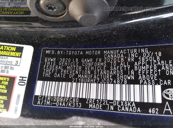 2T1BURHE7JC074878 2018 TOYOTA COROLLA Черный Вид подкапотного пространства