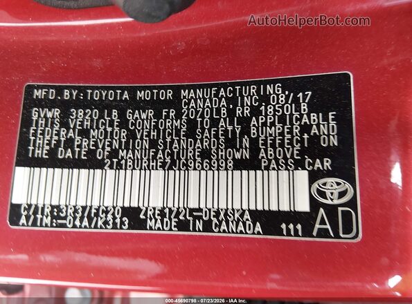 2T1BURHE7JC966998 2018 TOYOTA COROLLA Красный Вид подкапотного пространства