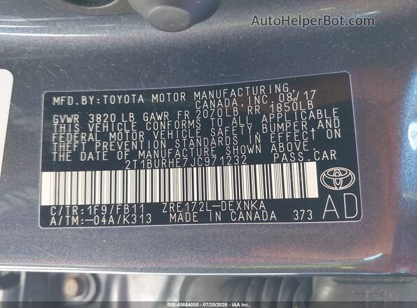 2T1BURHE7JC971232 2018 TOYOTA COROLLA Gray Widok komory silnika