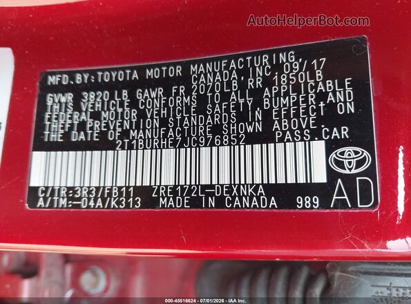 2T1BURHE7JC976852 2018 TOYOTA COROLLA Красный Вид подкапотного пространства