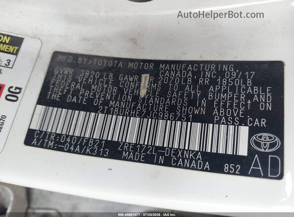 2T1BURHE7JC986751 2018 TOYOTA COROLLA White ძრავის განყოფილების ხედი