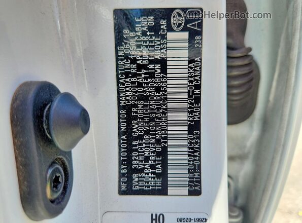 2T1BURHE7KC125667 2019 TOYOTA COROLLA White Vista de la etiqueta del VIN