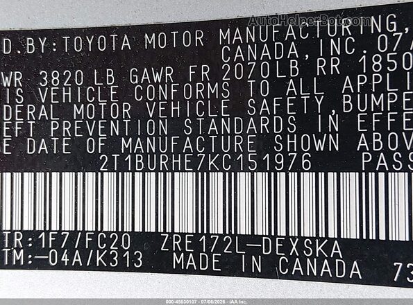 2T1BURHE7KC151976 2019 TOYOTA COROLLA Silver ძრავის განყოფილების ხედი