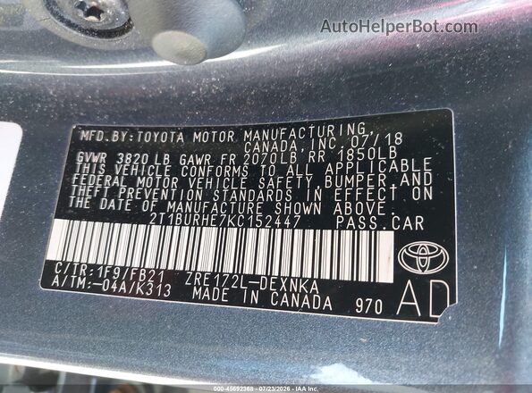 2T1BURHE7KC152447 2019 TOYOTA COROLLA Gray Շարժիչի բաժամունքի տեսք