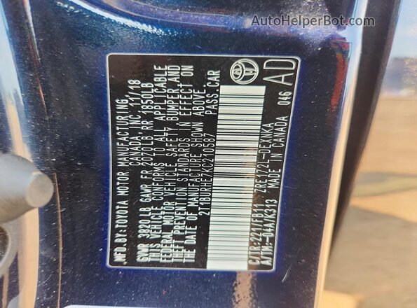 2T1BURHE7KC210587 2019 TOYOTA COROLLA Blue Շարժիչի բաժամունքի տեսք