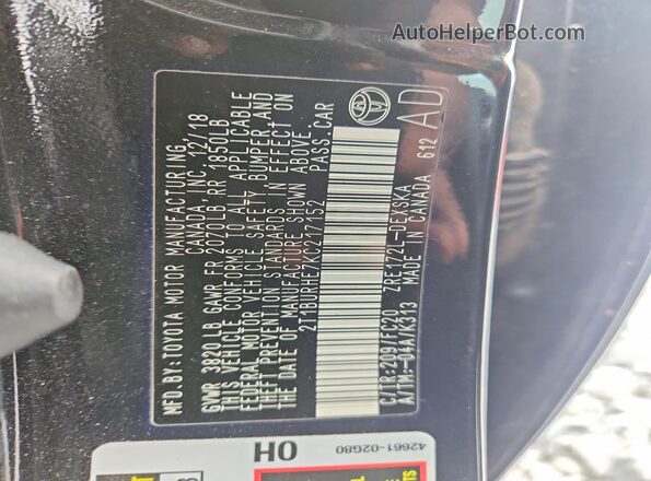 2T1BURHE7KC217152 2019 TOYOTA COROLLA Black VIN կոդի պիտակի տեսք