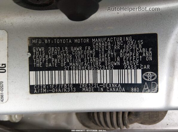 2T1BURHE8GC523462 2016 TOYOTA COROLLA Silver ძრავის განყოფილების ხედი