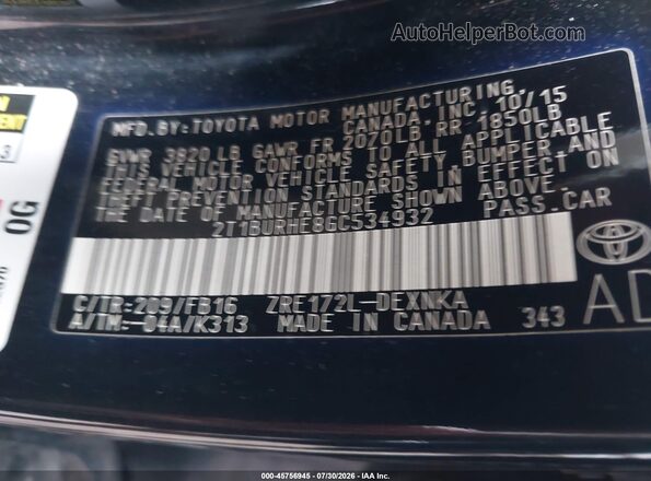 2T1BURHE8GC534932 2016 TOYOTA COROLLA Black Vista del compartimento del motor