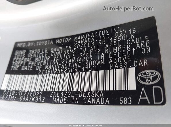 2T1BURHE8GC611153 2016 TOYOTA COROLLA Silver Вид підкапотного простору
