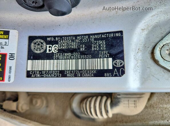 2T1BURHE8GC635520 2016 TOYOTA COROLLA Серебряный Вид подкапотного пространства