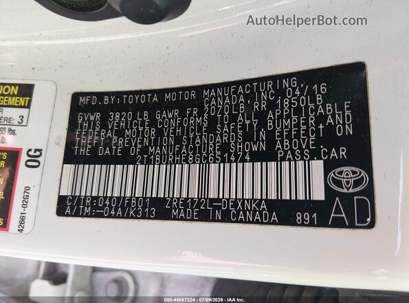 2T1BURHE8GC651474 2016 TOYOTA COROLLA White Vista del compartimento del motor