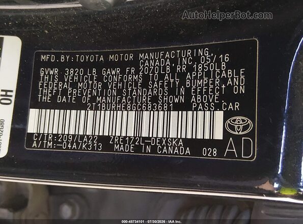 2T1BURHE8GC683681 2016 TOYOTA COROLLA Black Շարժիչի բաժամունքի տեսք