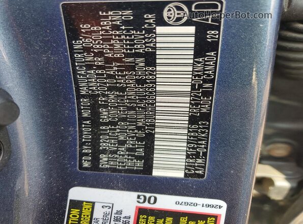 2T1BURHE8GC691828 2016 TOYOTA COROLLA Blue VIN sticker view