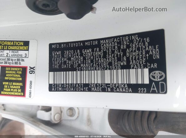 2T1BURHE8GC721930 2016 TOYOTA COROLLA White Vista del compartimento del motor