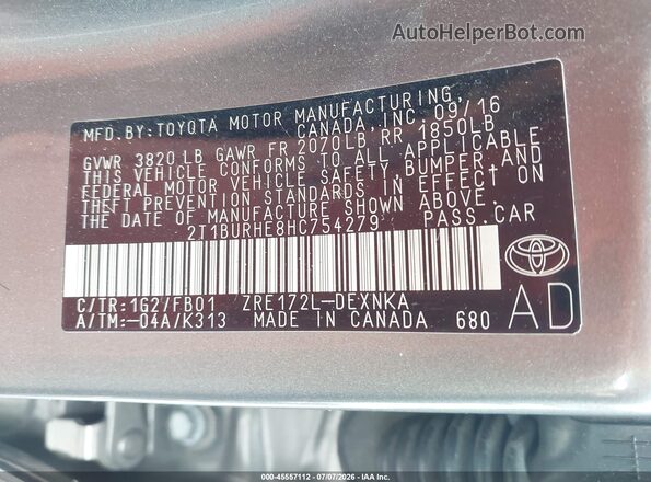 2T1BURHE8HC754279 2017 TOYOTA COROLLA Gray Vista del compartimento del motor