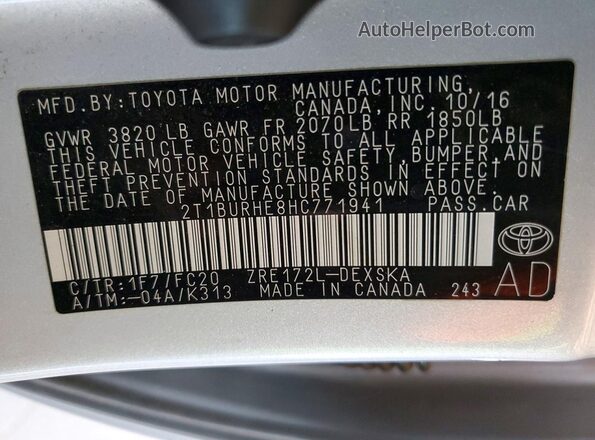 2T1BURHE8HC771941 2017 TOYOTA COROLLA Silver Շարժիչի բաժամունքի տեսք