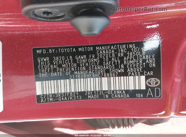 2T1BURHE8HC788867 2017 TOYOTA COROLLA Красный Вид подкапотного пространства