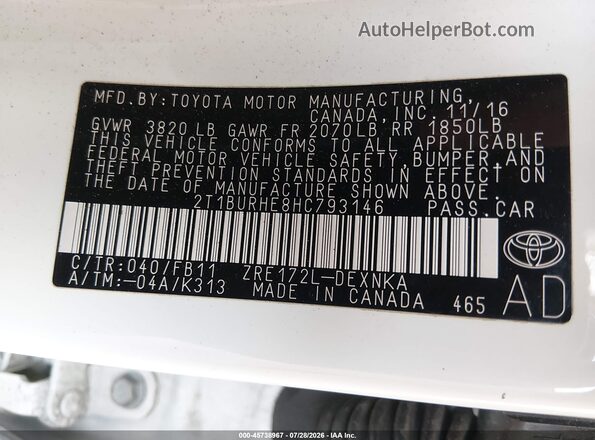2T1BURHE8HC793146 2017 TOYOTA COROLLA White Widok komory silnika