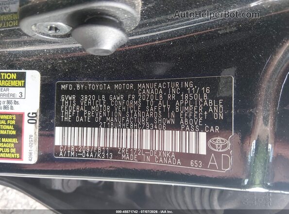 2T1BURHE8HC793406 2017 TOYOTA COROLLA Black Vista del compartimento del motor
