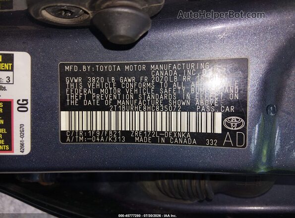 2T1BURHE8HC835072 2017 TOYOTA COROLLA Navy Շարժիչի բաժամունքի տեսք