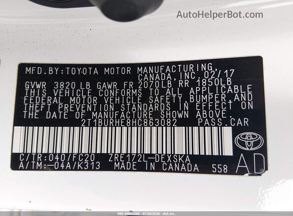 2T1BURHE8HC863082 2017 TOYOTA COROLLA White Widok komory silnika