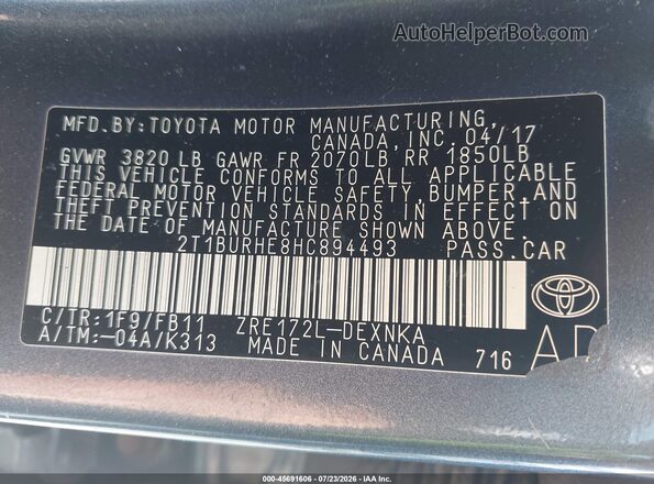2T1BURHE8HC894493 2017 TOYOTA COROLLA Blue Вид підкапотного простору
