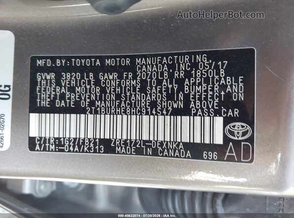 2T1BURHE8HC914547 2017 TOYOTA COROLLA Gray Շարժիչի բաժամունքի տեսք