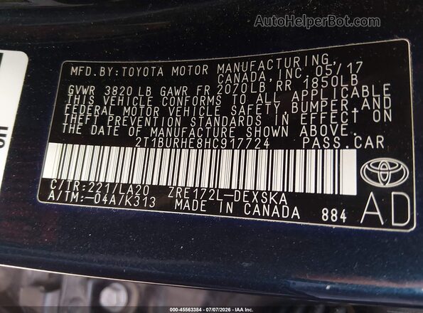 2T1BURHE8HC917724 2017 TOYOTA COROLLA Синий Вид подкапотного пространства