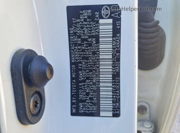2T1BURHE8HC954255 2017 TOYOTA COROLLA White VIN կոդի պիտակի տեսք