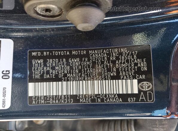 2T1BURHE8HC956510 2017 TOYOTA COROLLA Blue Vista del compartimento del motor