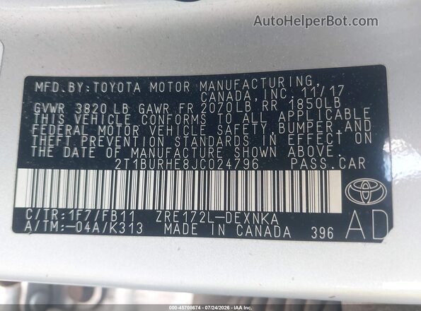 2T1BURHE8JC024796 2018 TOYOTA COROLLA Silver Vista del compartimento del motor