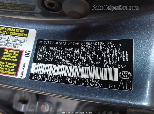 2T1BURHE8JC968050 2018 TOYOTA COROLLA Gray Vista del compartimento del motor